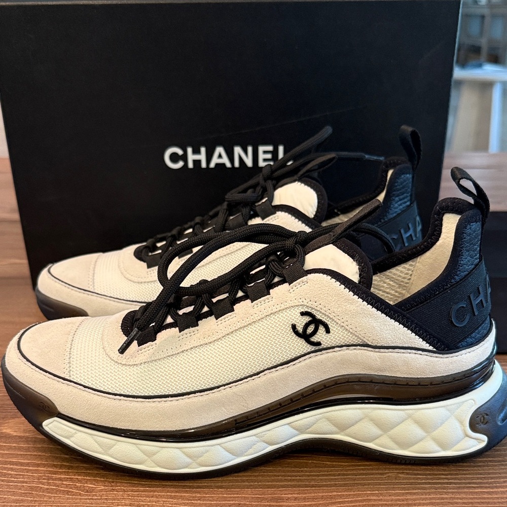 CHANEL Beige and Black Logo Sneakers
